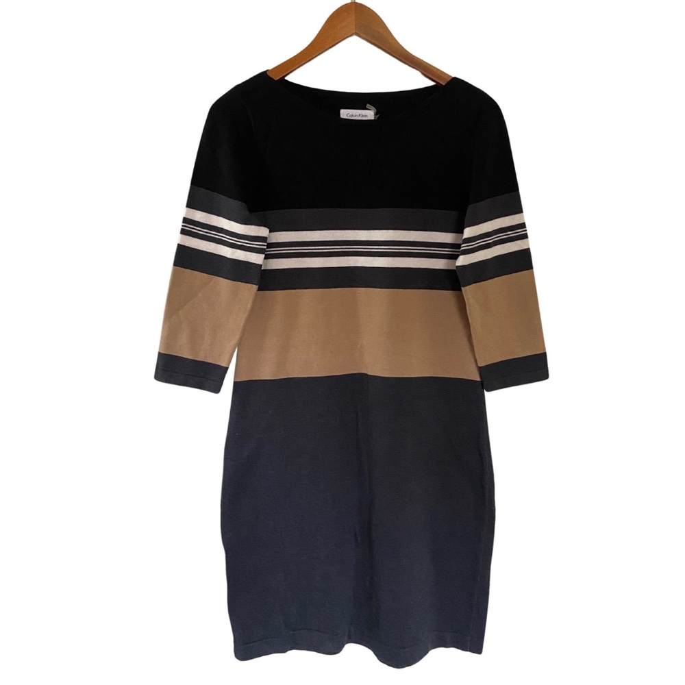 Calvin Klein Color Block Stripped 3/4 Sleeves Sweater Dress Women’s M